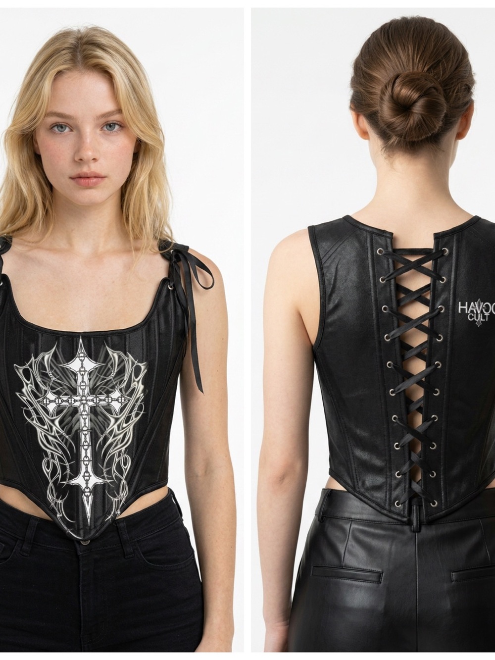 HAVOC CULT • Gothic Cross Lace-Up Boned Corset Bustier Top Size Small